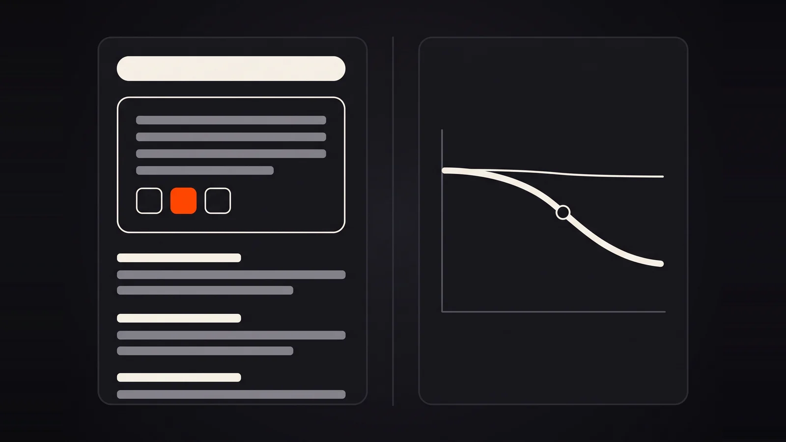 A results page whose AI answer card cites one orange source above the regular results, beside a chart where one line stays level while the other slopes down.