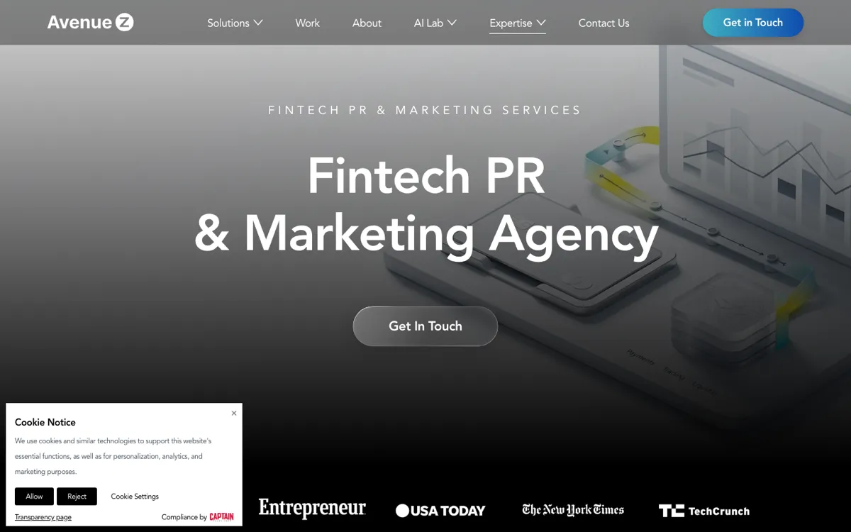 Avenue Z fintech PR and marketing page, screenshot taken 4 October 2026