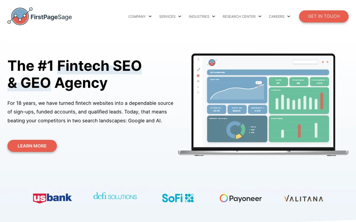 First Page Sage fintech SEO and GEO agency page, screenshot taken 4 October 2026
