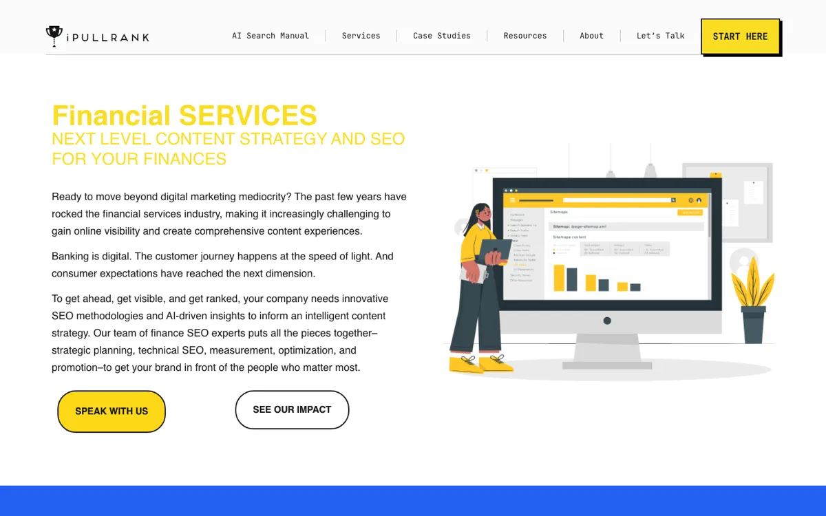 iPullRank finance solutions page, screenshot taken 4 October 2026