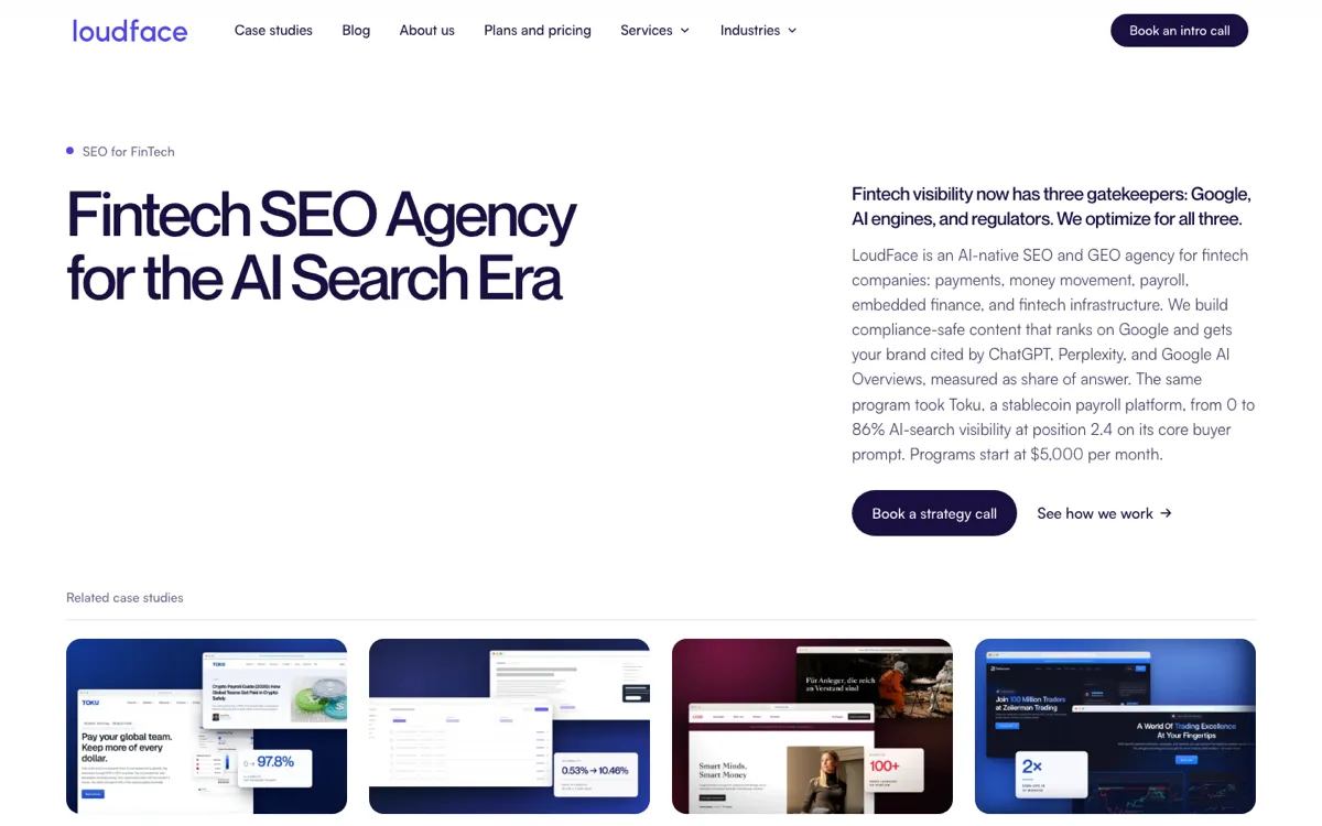 LoudFace fintech SEO and GEO page, screenshot taken 4 October 2026