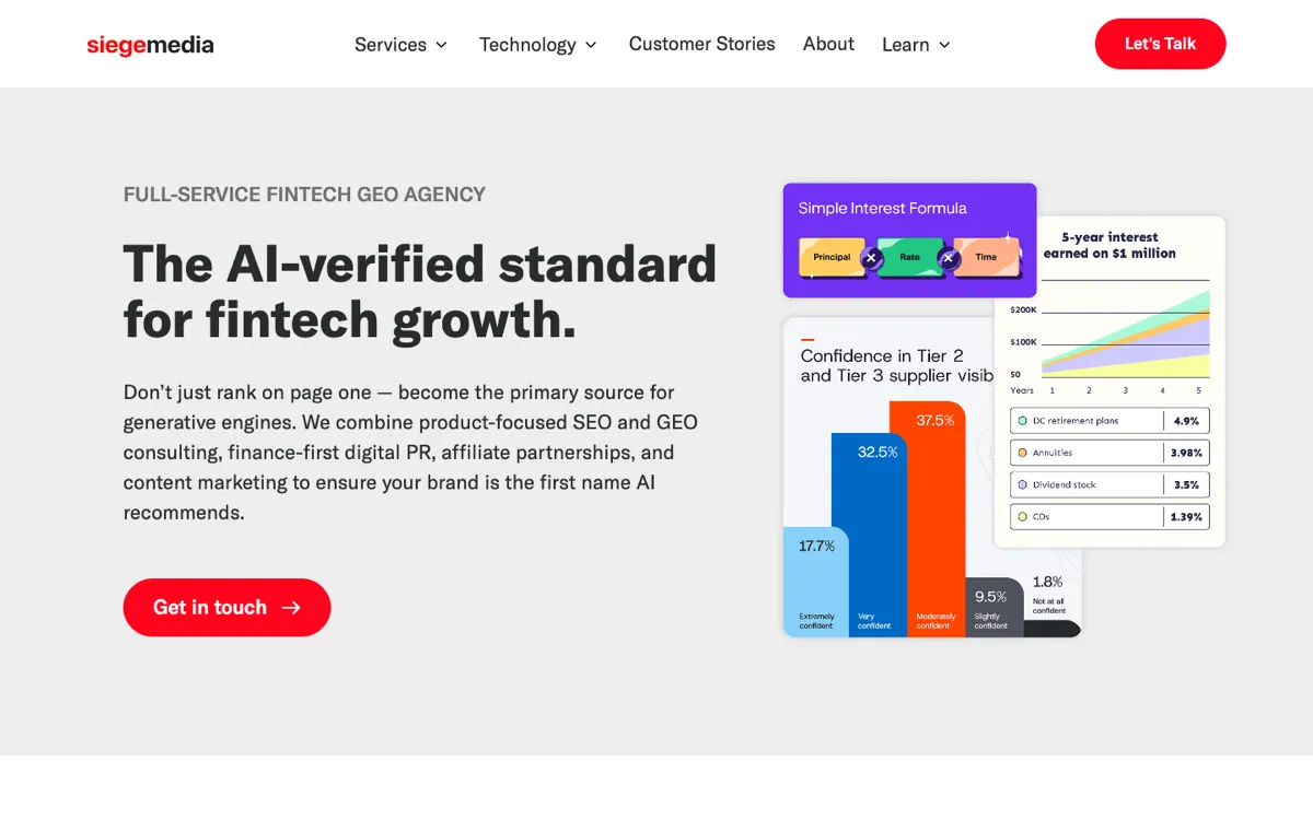 Siege Media fintech GEO agency page, screenshot taken 4 October 2026