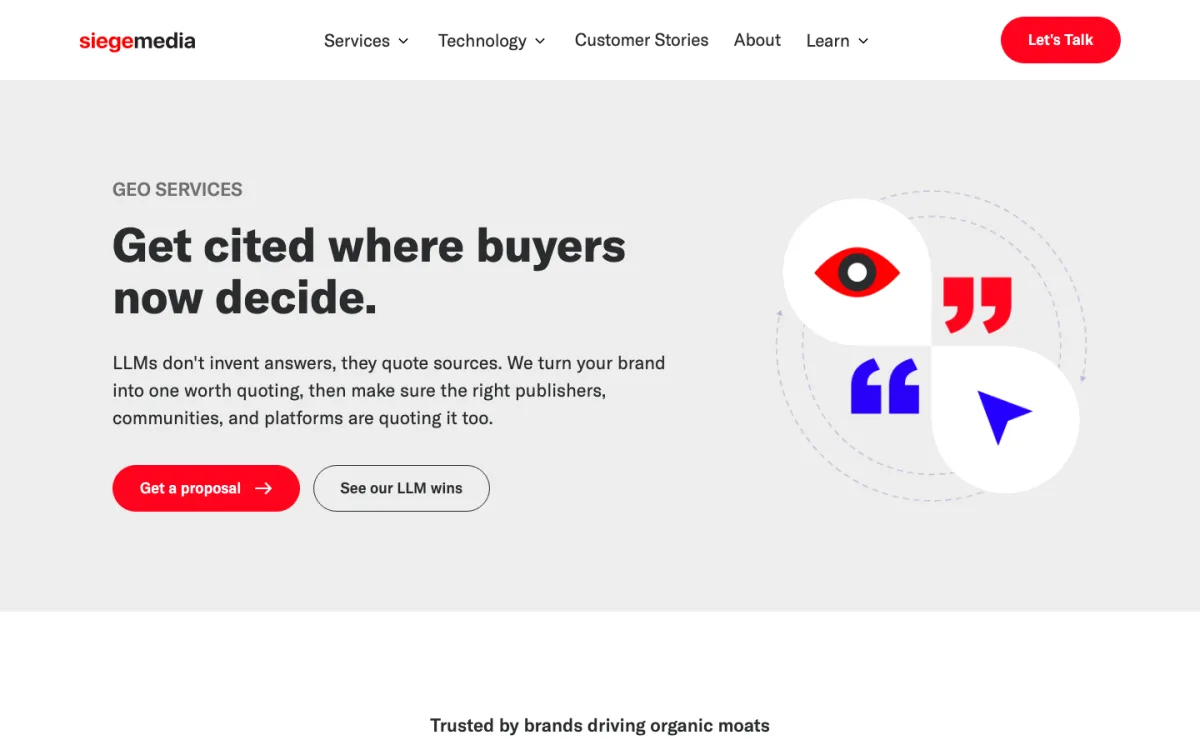 Siege Media GEO services page, screenshot taken 4 October 2026