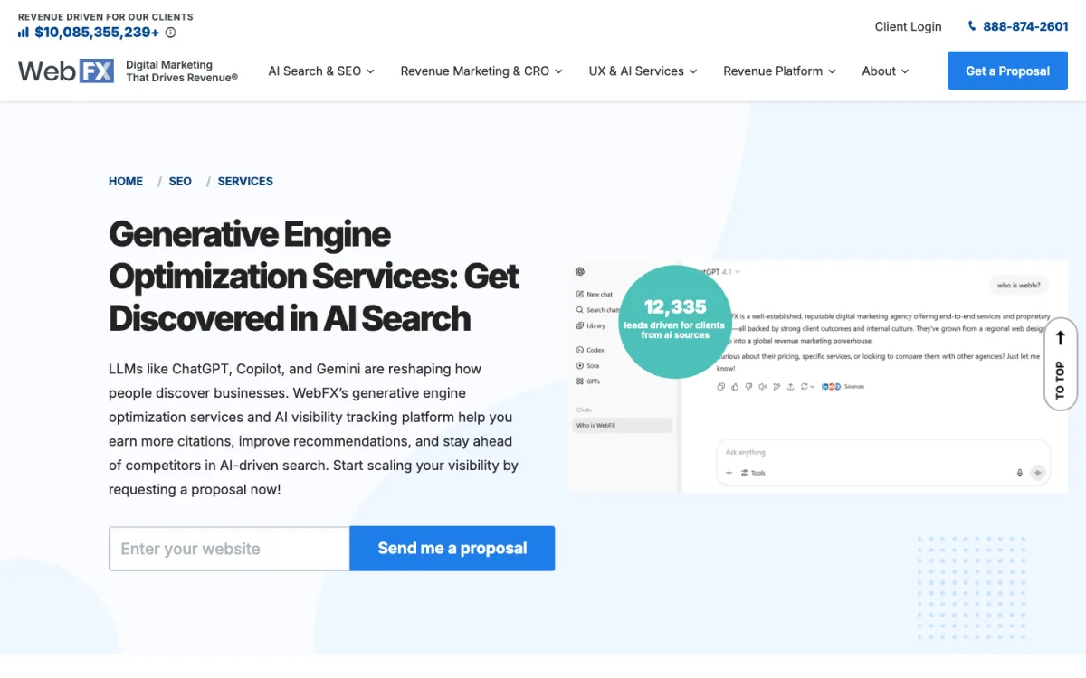WebFX generative engine optimization services page, screenshot taken 4 October 2026