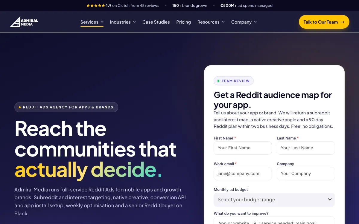 Admiral Media Reddit Ads agency for apps page, screenshot taken 4 October 2026