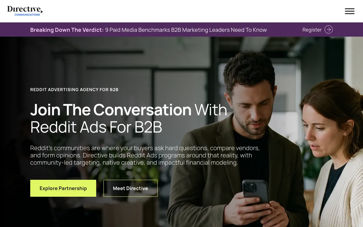 Directive Reddit advertising agency for B2B page, screenshot taken 4 October 2026