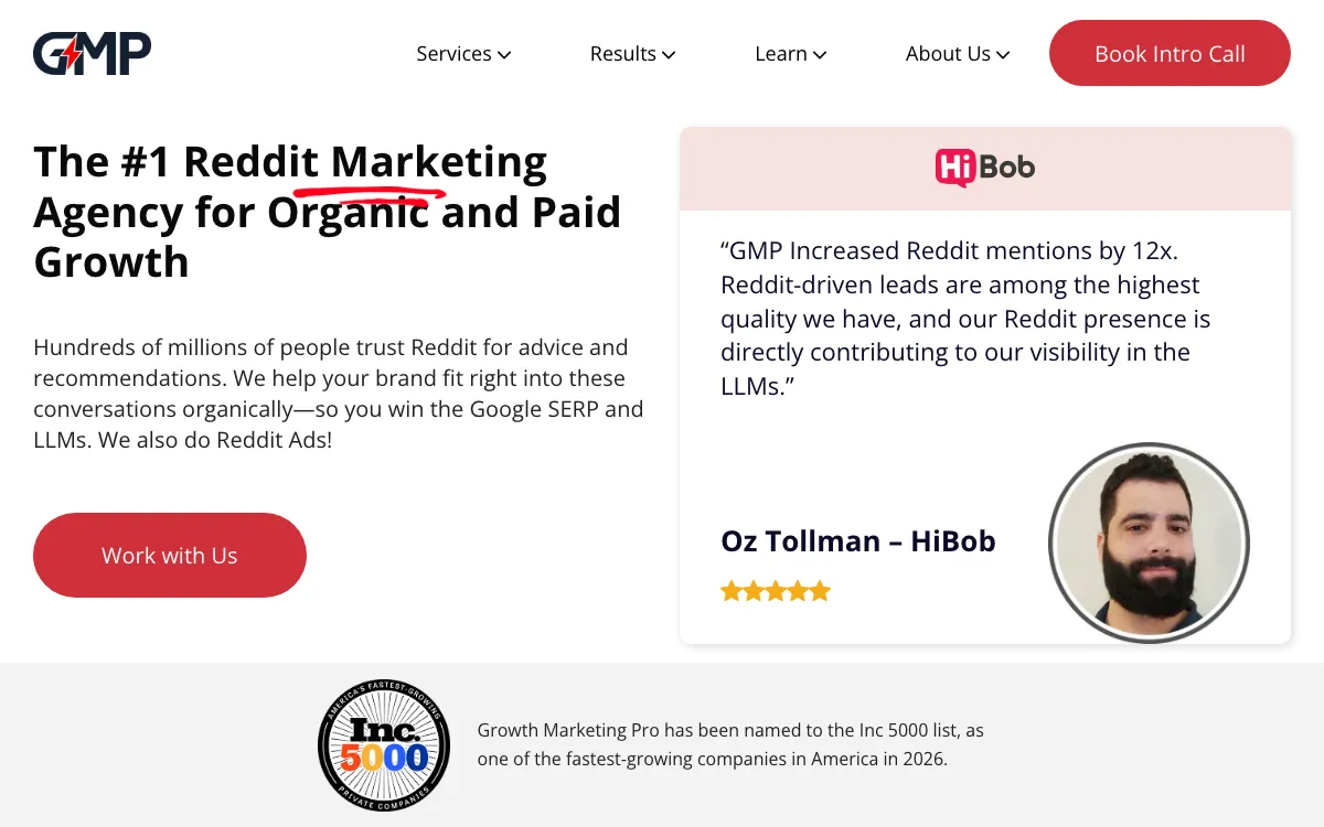 Growth Marketing Pro Reddit marketing agency page, screenshot taken 4 October 2026
