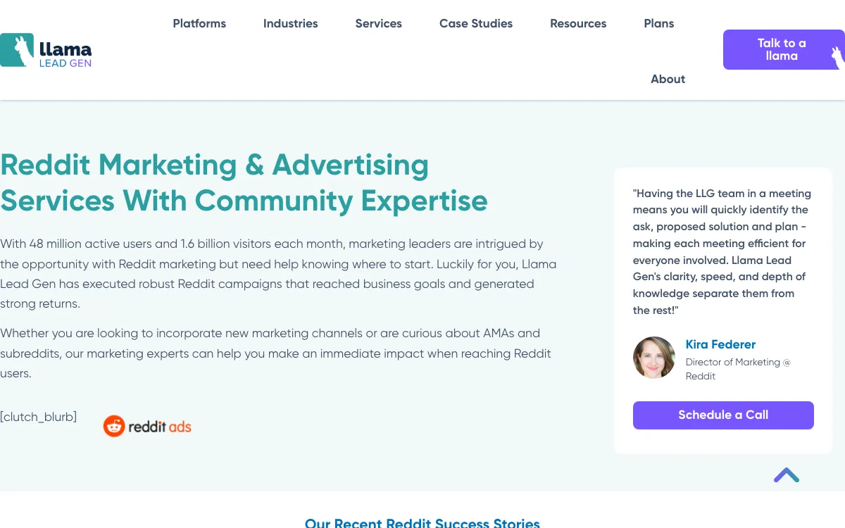Llama Lead Gen Reddit marketing and advertising page, screenshot taken 4 October 2026