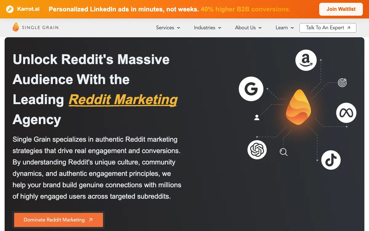Single Grain Reddit marketing agency page, screenshot taken 4 October 2026
