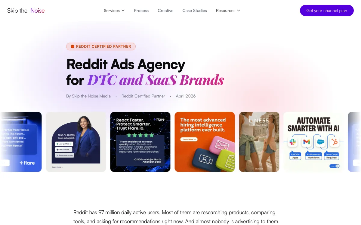 Skip the Noise Media Reddit Ads agency page, screenshot taken 4 October 2026
