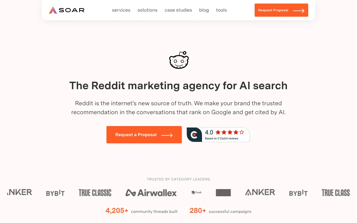 Soar Reddit marketing agency for AI search page, screenshot taken 4 October 2026