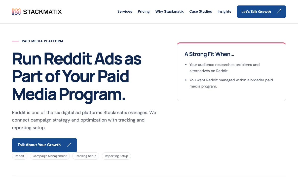 Stackmatix Reddit Ads agency page, screenshot taken 4 October 2026