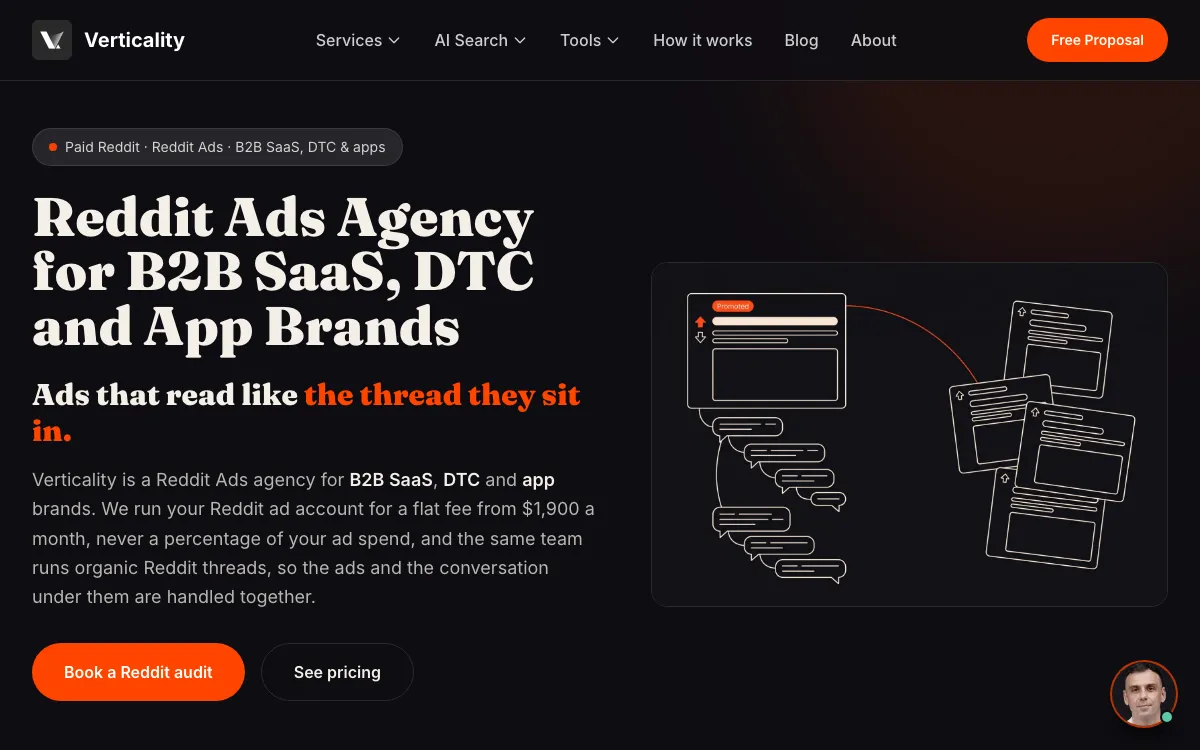 Verticality Reddit Ads agency page, screenshot taken 4 October 2026