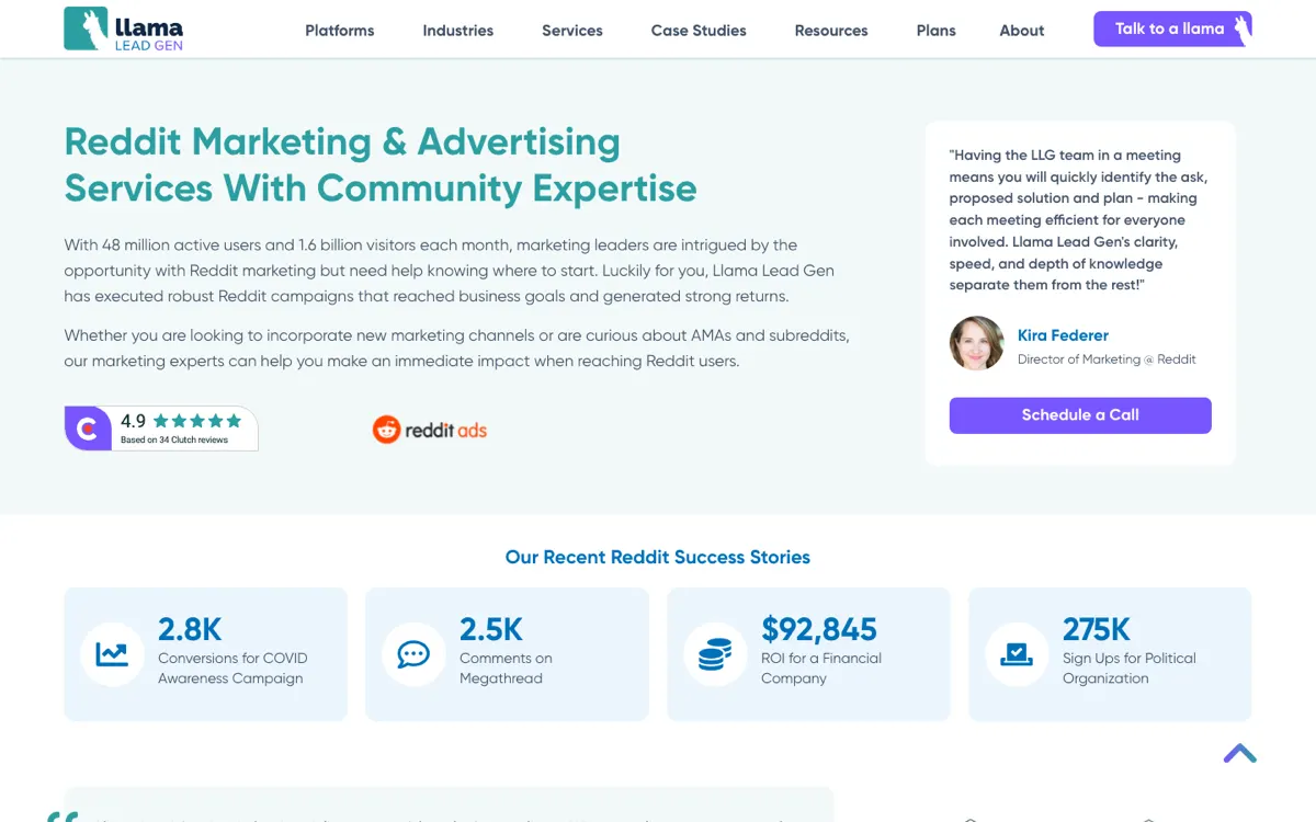 Llama Lead Gen Reddit service page, screenshot taken 15 September 2026