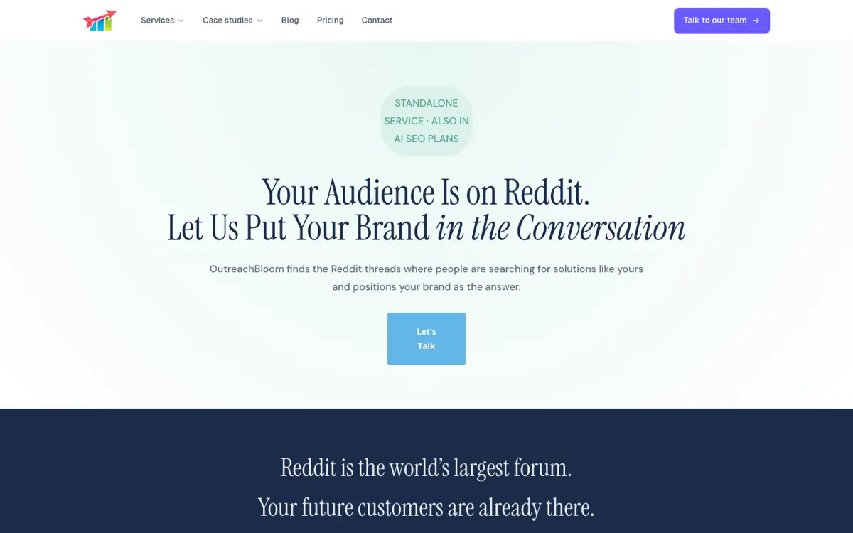 OutreachBloom Reddit service page, screenshot taken 15 September 2026