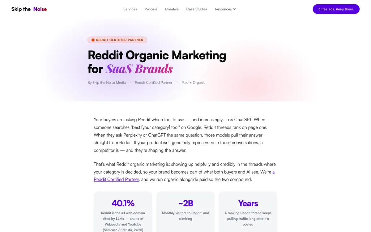 Skip the Noise Media Reddit service page, screenshot taken 15 September 2026