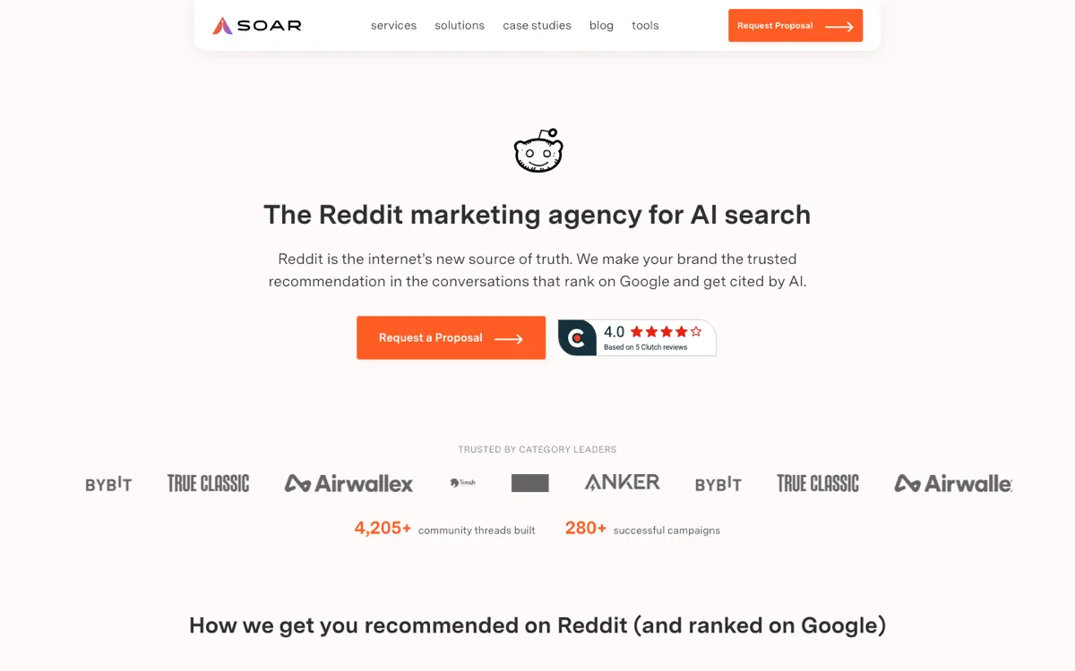 Soar Reddit service page, screenshot taken 15 September 2026