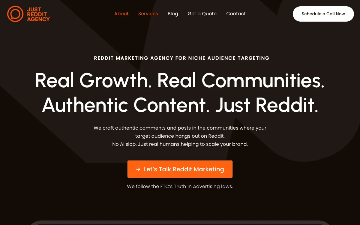 Just Reddit Agency homepage and Reddit service page, screenshot taken 4 October 2026