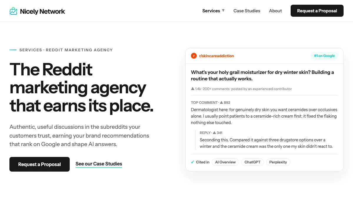 Nicely Network Reddit service page, screenshot taken 4 October 2026