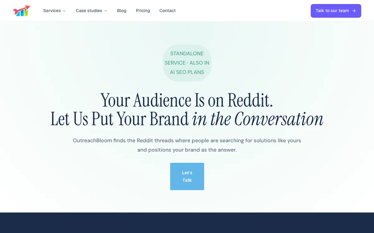 OutreachBloom Reddit service page, screenshot taken 4 October 2026