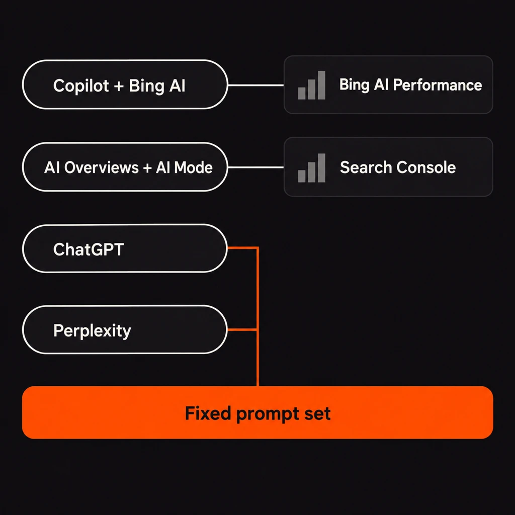 Diagram of which free AI report covers which engine: Bing AI Performance covers Copilot and Bing's AI answers, Search Console covers AI Overviews and AI Mode, and neither covers ChatGPT or Perplexity, which are linked instead to a fixed prompt set.