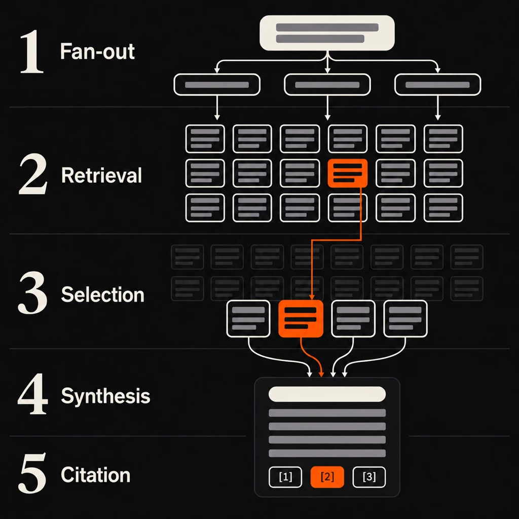 Five-step diagram of an AI answer: one question fans out into three searches, retrieves a wide field of pages, keeps four, writes one answer from them and links three sources, with one brand's page traced in orange from retrieval to its citation.