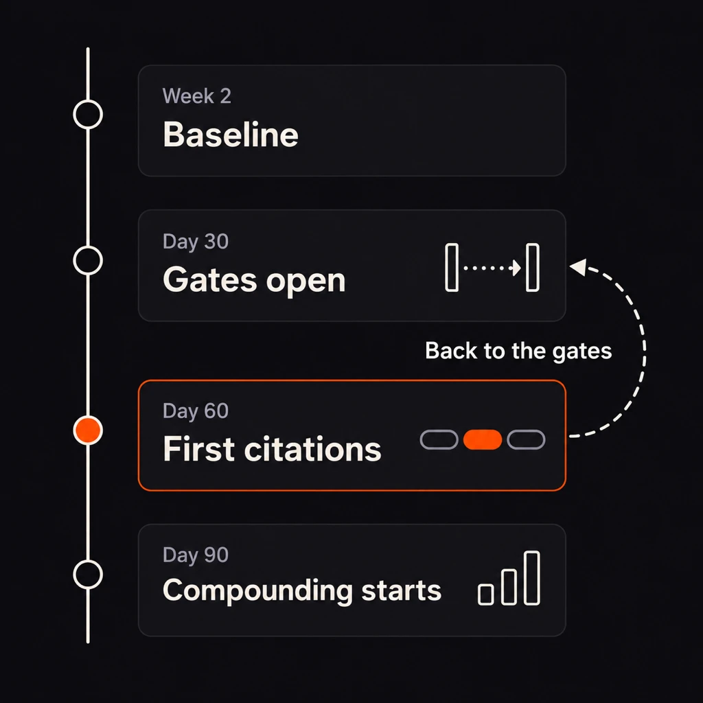 Four GEO checkpoints from top to bottom (baseline in week 2, gates open by day 30, first citations by day 60, compounding starting at day 90), with a dashed loop from day 60 back to the gates.