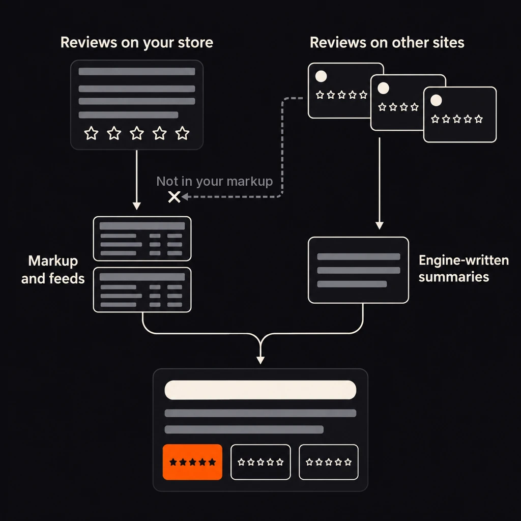 Diagram of the two paths for reviews: reviews on your own store flow into your Product markup and feeds, reviews on other sites flow into the summaries the engines write, and other sites' reviews must not be copied into your markup.
