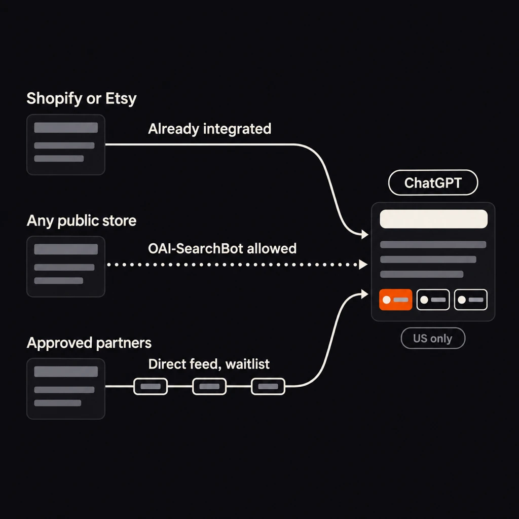 Diagram of three routes into ChatGPT shopping (Shopify or Etsy catalogs already integrated, any public store crawled when OAI-SearchBot is allowed, and a direct feed for approved partners through a waitlist) meeting in one ChatGPT answer that is live in the US only.