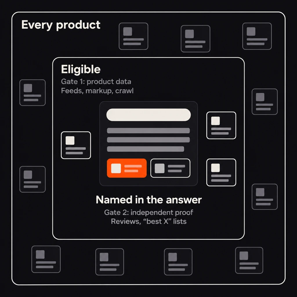 Nested diagram: of every product, product data from feeds, markup and site crawls makes some eligible for an AI shopping answer, and reviews and “best X” lists decide which eligible product the answer names.
