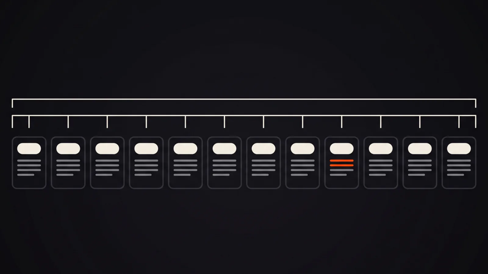A row of twelve identical AI answer cards under a measuring ruler, with one card's text line in orange where the brand is named.