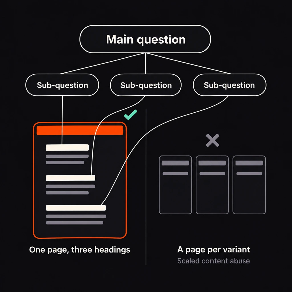 Diagram of query fan-out: one main question splits into three sub-questions that are answered on one page with a heading for each, instead of a separate page per variant, which Google treats as scaled content abuse.