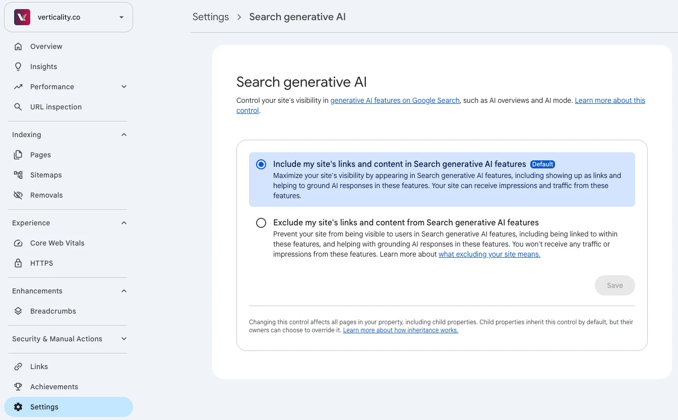 The Search generative AI settings page in Search Console for verticality.co, with the default option 'Include my site's links and content in Search generative AI features' selected, screenshot taken 3 October 2026.