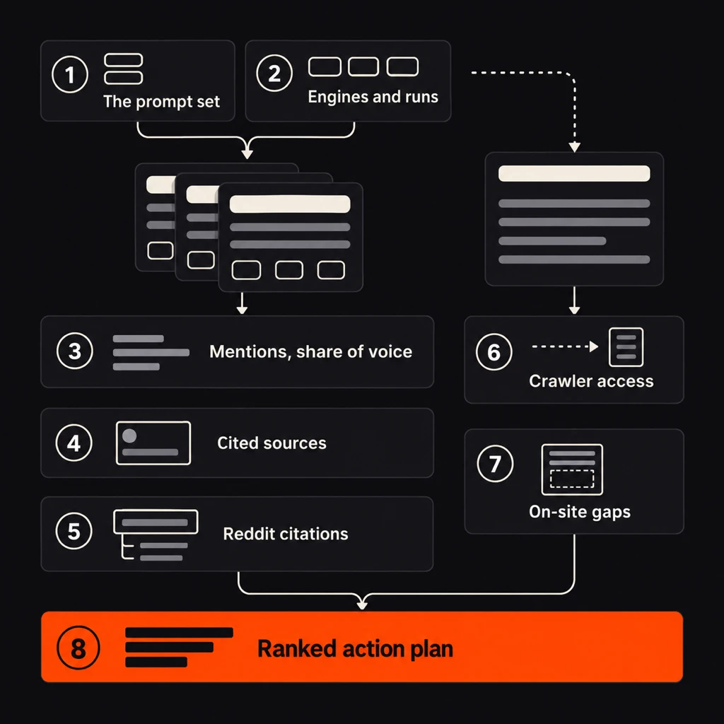 Diagram of the eight parts of an AI visibility audit: the prompt set and the engine runs produce the AI answers, which yield mentions and share of voice, cited sources and Reddit citations; crawler access and on-site gaps come from checking your own site; all five findings feed one ranked action plan.