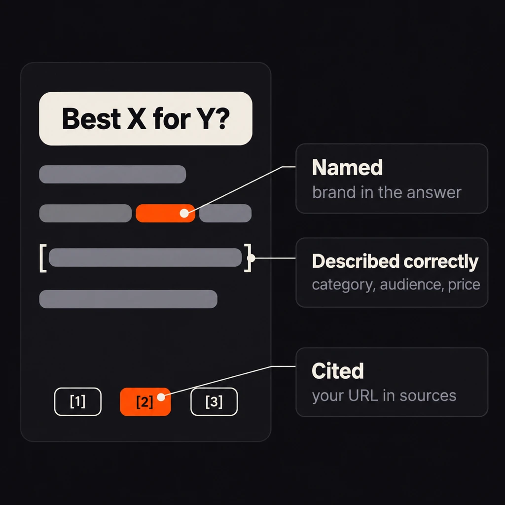 An AI answer card marking the three ways a brand can be present: named in the answer text, described correctly by category, audience and price, and cited as numbered source [2].