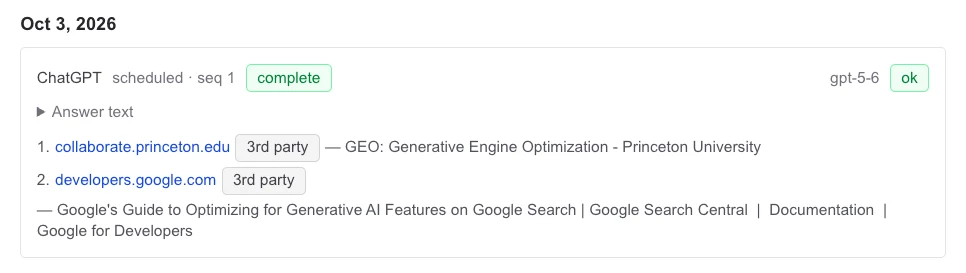 Verticality's AI visibility tracker showing ChatGPT's 3 October 2026 answer to What is generative engine optimization?, which cites two sources: Princeton's page for the GEO paper and Google's guide to optimizing for generative AI features.