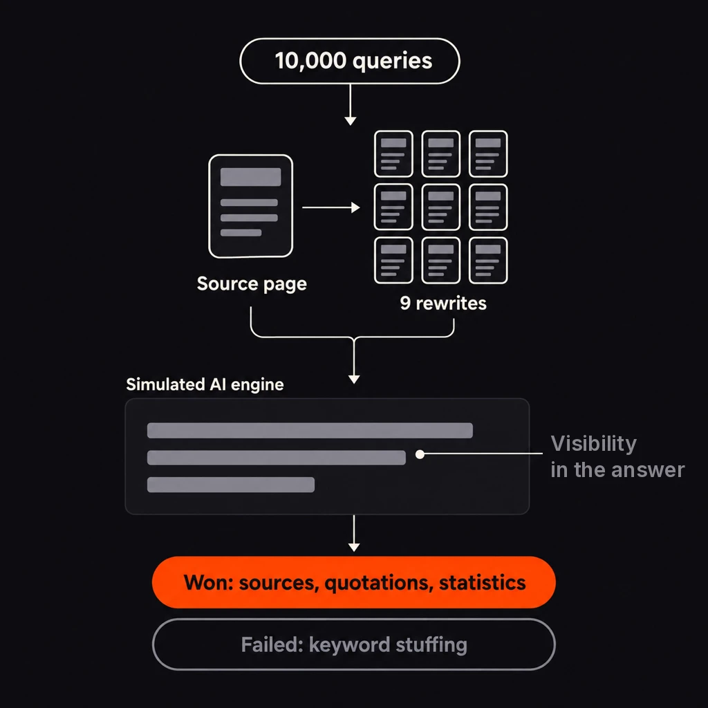 Diagram of the 2023 GEO paper's test: 10,000 queries, each source page rewritten nine ways and scored by a simulated AI engine on visibility in the answer, where citing sources, quotations and statistics won and keyword stuffing failed.