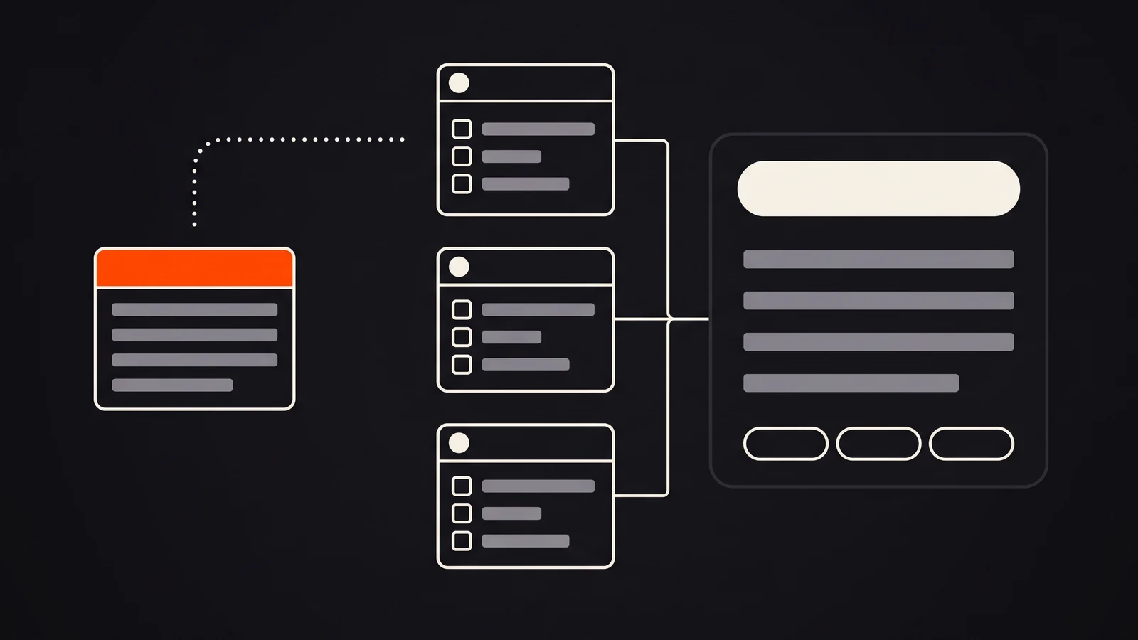 An AI answer card fed by three source pages that each list other brands, while an orange page on the left sits apart, its dotted crawler path stopping short of the sources.