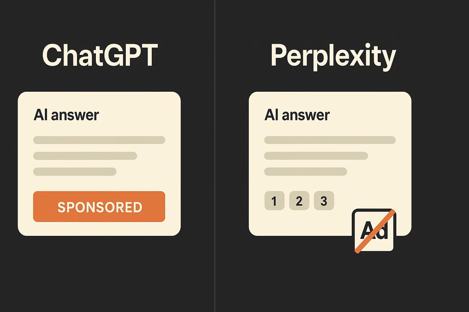 ChatGPT shows a Sponsored ad block under its answer, Perplexity shows citation links only with no ads