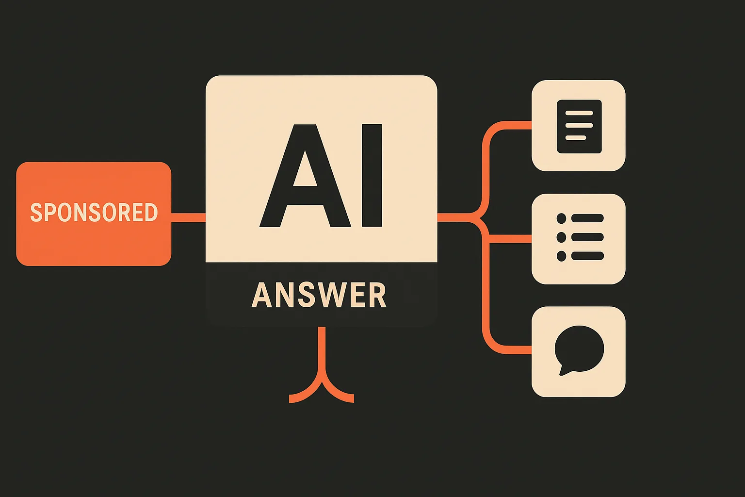 One AI answer fed from two sides: a paid Sponsored ad block on the left and organic citation chips on the right