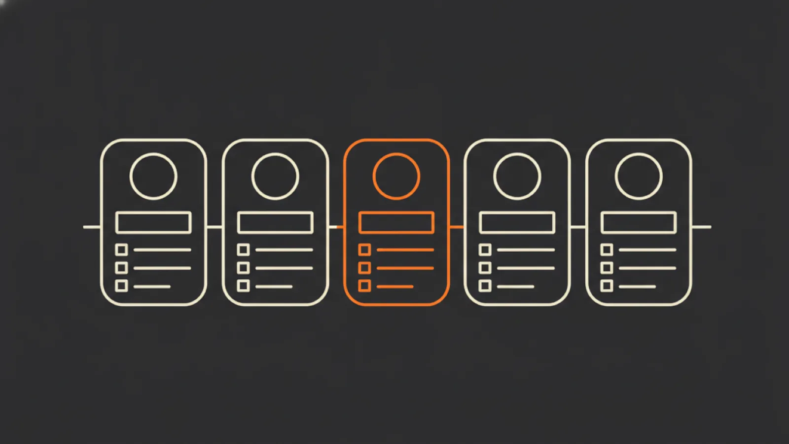 Five phase cards in a row, each with a numbered ring and a checklist of deliverables, one card highlighted